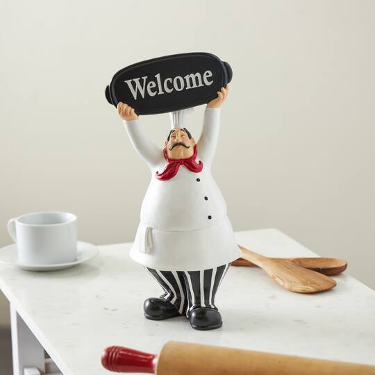 13.25" White with Welcome Sign Polystone Chef Decorative Figurine Sculpture